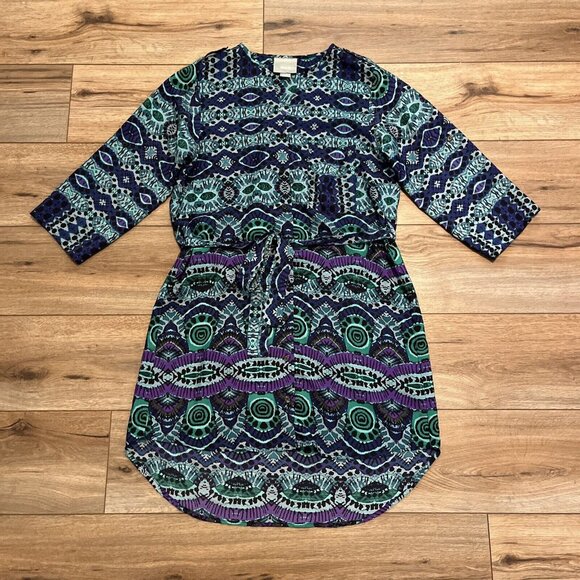 Anthropologie Maeve Frequencies Ikat Shirt Dress Size Small Roll Tab 3/4 Sleeve - Picture 1 of 11